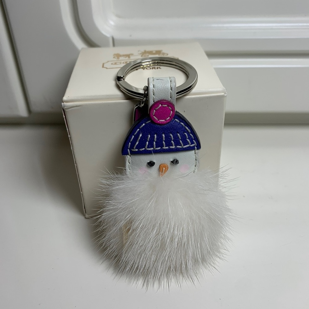 ⛄️Coach Snowman mink Fur Key Fob 93024 Leather Keychain